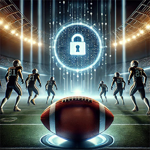 Football players on a field with cyber lock prominently displayed.